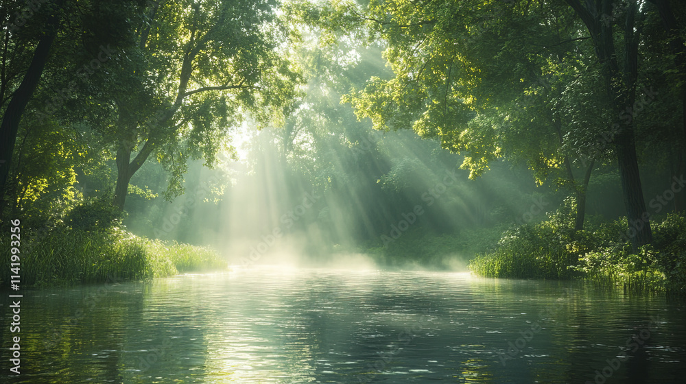 tranquil forest scene with sunlight dappling through green foliage, creating serene atmosphere tranquil forest scene with sunlight dappling through green foliage, creating serene atmosphere