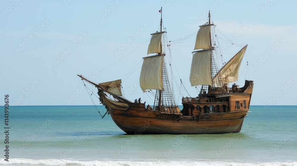 Antique wooden sailing ship at sea. Antique wooden sailing ship at sea.