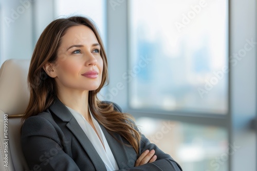 A confident woman in business attire gazes thoughtfully out of a window, reflecting a sense of ambition and professionalism in a modern office setting.