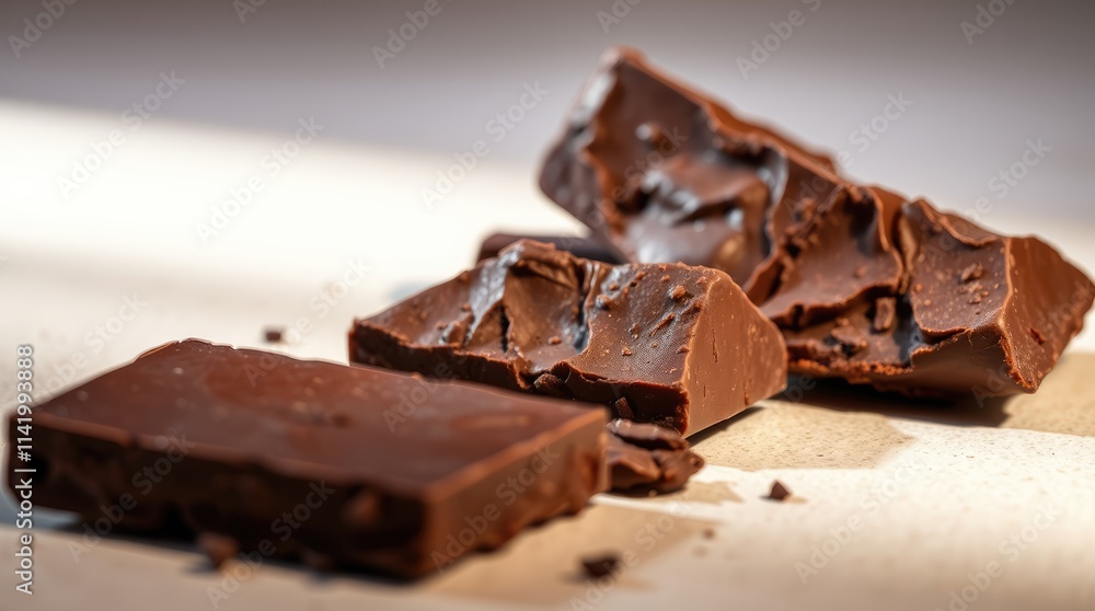 Delicate pieces of dark chocolate are scattered on a surface, exuding their luxurious aroma and inviting indulgence in a warm, inviting atmosphere Delicate pieces of dark chocolate are scattered on a surface, exuding their luxurious aroma and inviting indulgence in a warm, inviting atmosphere