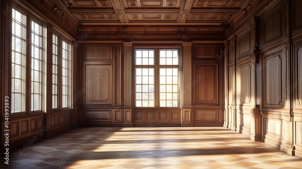Obraz premium Wide shot photo: Sunlight powerfully streams into empty wood paneled room. AI Generated