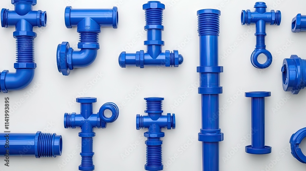 Labeled blue PVC pipe and fittings for plumbing work, aligned symmetrically on a white backdrop Labeled blue PVC pipe and fittings for plumbing work, aligned symmetrically on a white backdrop