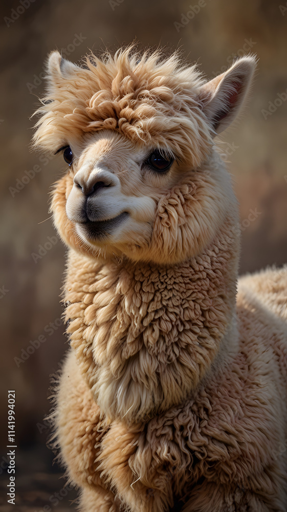 Portrait of a smiling baby alpaca, fluffy and curly cream-colored wool, tiny pink tongue, neutral earthy-toned background Portrait of a smiling baby alpaca, fluffy and curly cream-colored wool, tiny pink tongue, neutral earthy-toned background