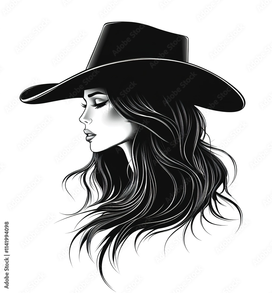 Vector logo of a cowgirl with long hair and a cowboy hat, a simple design on a white background with black lines Vector logo of a cowgirl with long hair and a cowboy hat, a simple design on a white background with black lines