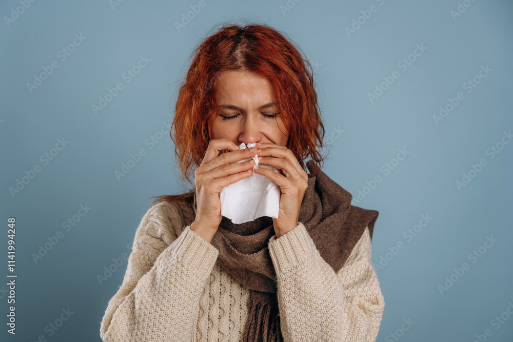 Unhealthy, feeling sick. Woman is in the studio against background Unhealthy, feeling sick. Woman is in the studio against background
