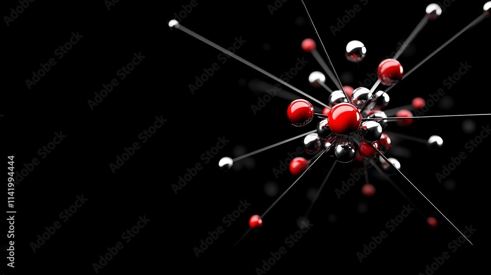 Fototapeta premium Red and Silver Sphere Network: 3D Render on Black Background. AI Generated