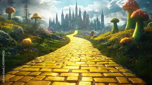 Fantasy scene with a golden brick pathway ending at a far-off castle.