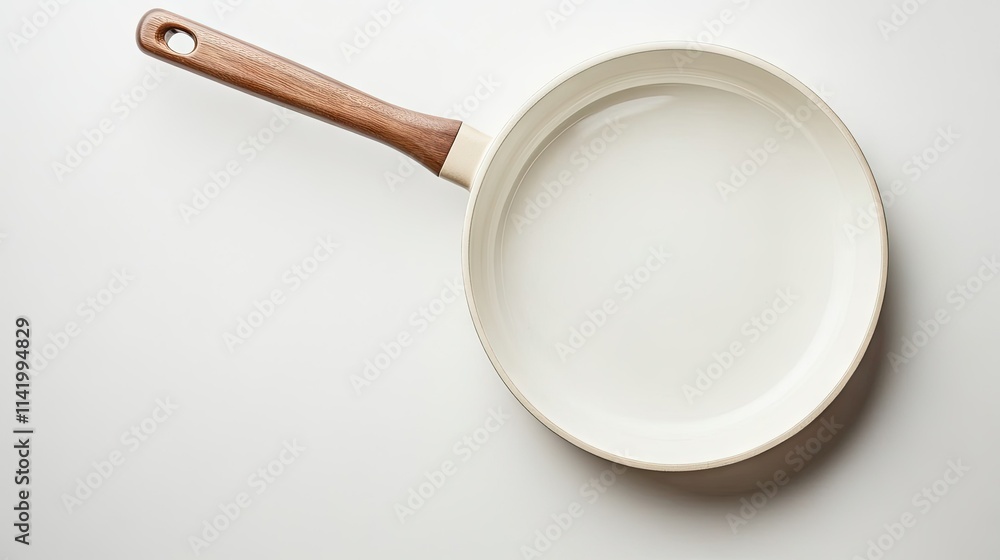 Overhead shot of an empty ceramic-coated frying pan with a wooden handle on a white background Overhead shot of an empty ceramic-coated frying pan with a wooden handle on a white background