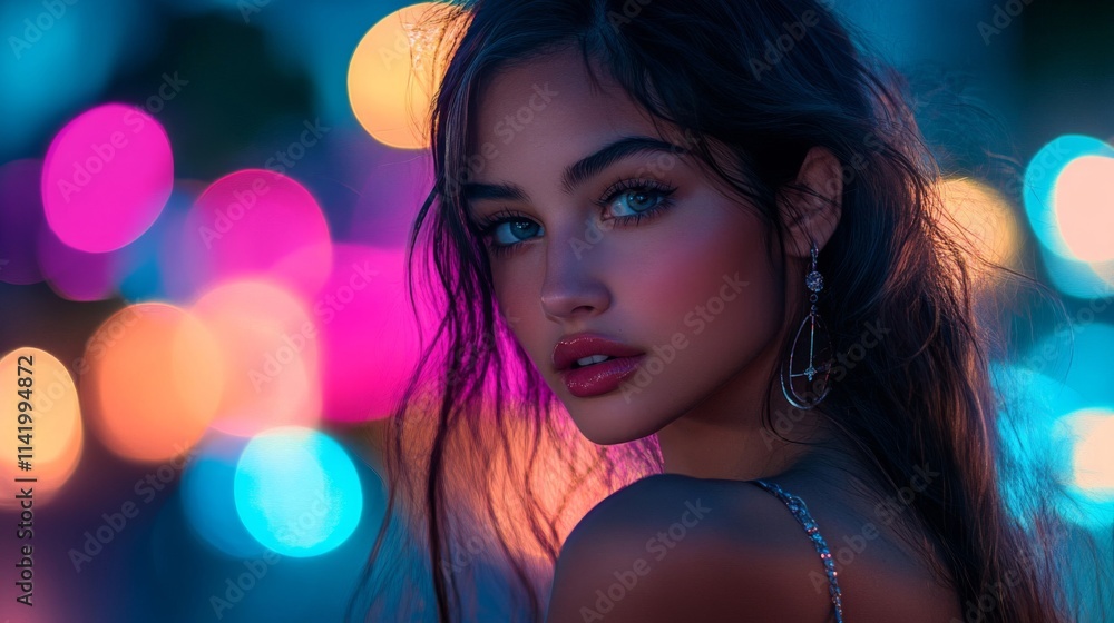 Young Woman Posing Against Colorful City Lights Young Woman Posing Against Colorful City Lights