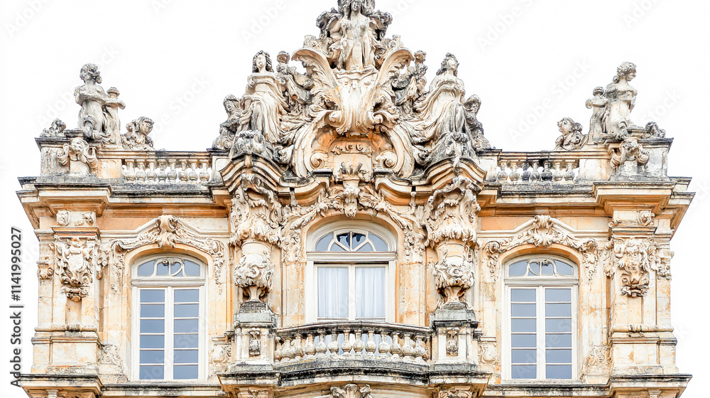A stone building with intricate statues on the facade, isolated against a white background A stone building with intricate statues on the facade, isolated against a white background