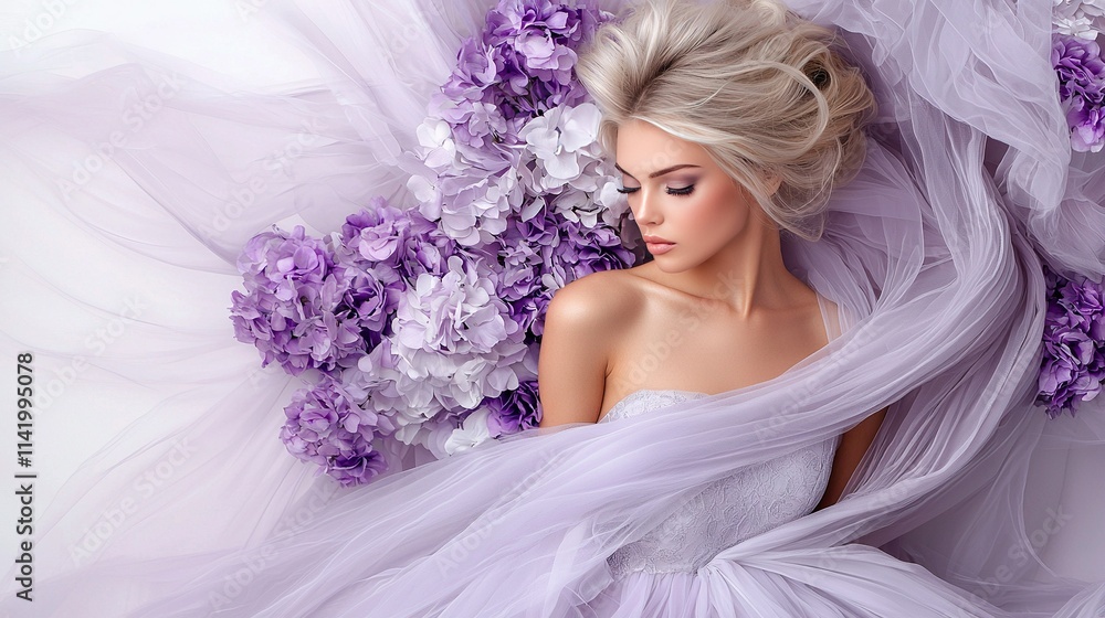 A woman in a white dress reclines on a bed adorned with purple flowers, her hair styled in a bun, and her eyes peacefully closed A woman in a white dress reclines on a bed adorned with purple flowers, her hair styled in a bun, and her eyes peacefully closed