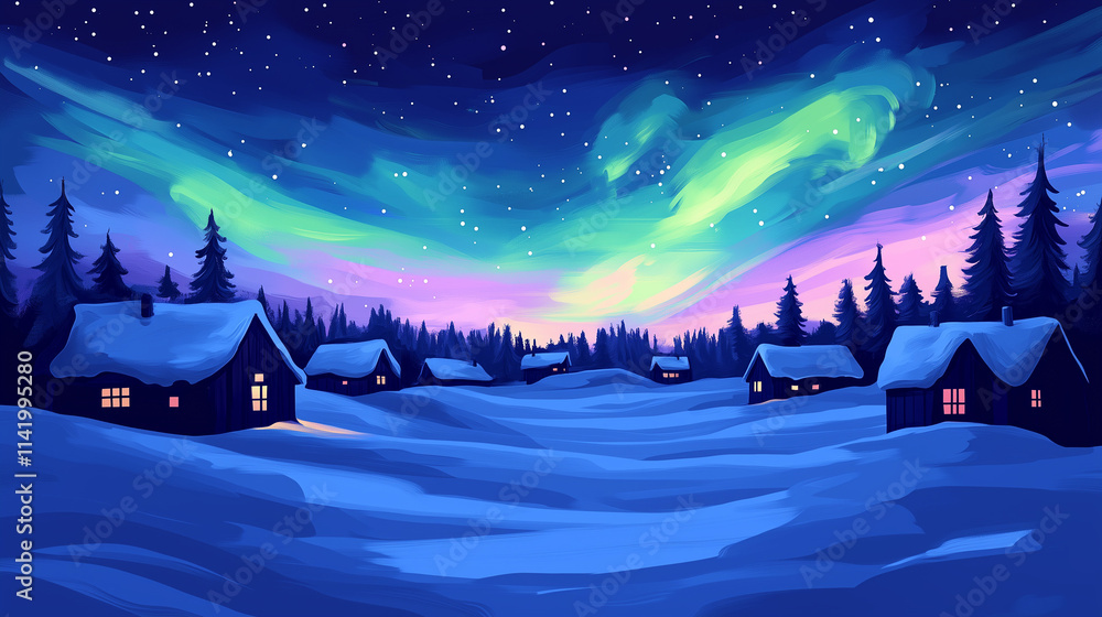 Fototapeta premium Snowy village under a colorful aurora borealis in a tranquil winter night scene