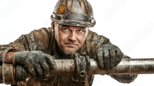 Plumber in uniform tightening a metal pipe with an adjustable wrench, focused and isolated on a white background photo