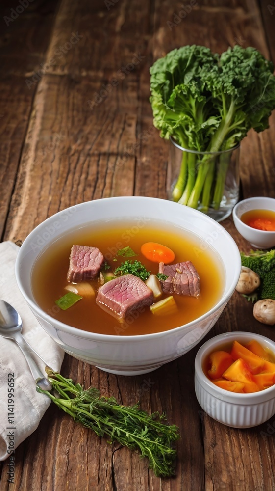Clear beef broth, bouillon in white bowl and vegetables on wooden table. Clear beef broth, bouillon in white bowl and vegetables on wooden table.