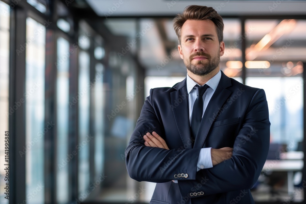 A confident businessman stands with arms crossed in a modern office, reflecting professionalism and leadership in a corporate environment. A confident businessman stands with arms crossed in a modern office, reflecting professionalism and leadership in a corporate environment.