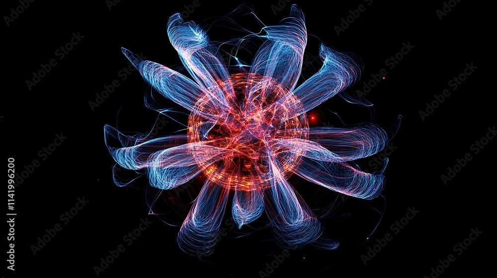 Fototapeta premium Red and Blue Light Trails Exploding from a Central Core - Abstract Photography. AI Generated