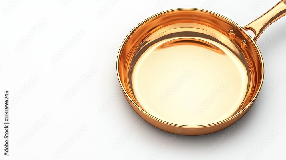 Shiny copper frying pan with a smooth surface, isolated on white and angled slightly for depth Shiny copper frying pan with a smooth surface, isolated on white and angled slightly for depth