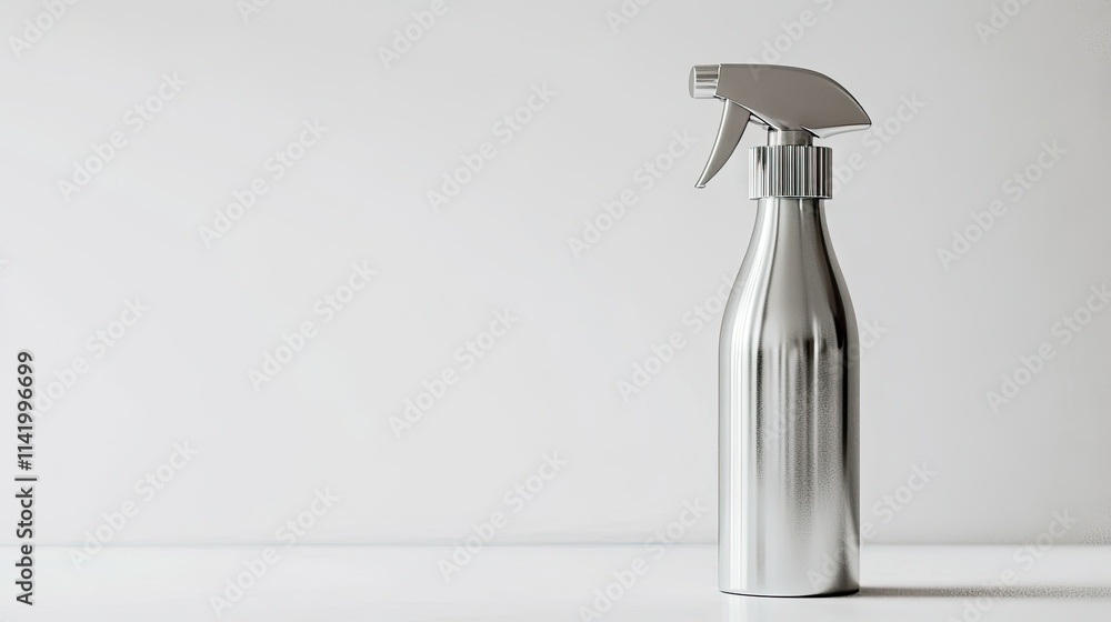 Sleek and modern air freshener spray with a shiny metallic finish, standing against a pure white background Sleek and modern air freshener spray with a shiny metallic finish, standing against a pure white background