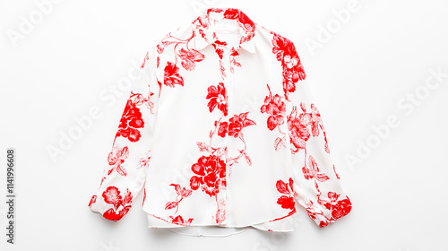 A white blouse adorned with red floral patterns, isolated on a clean white background