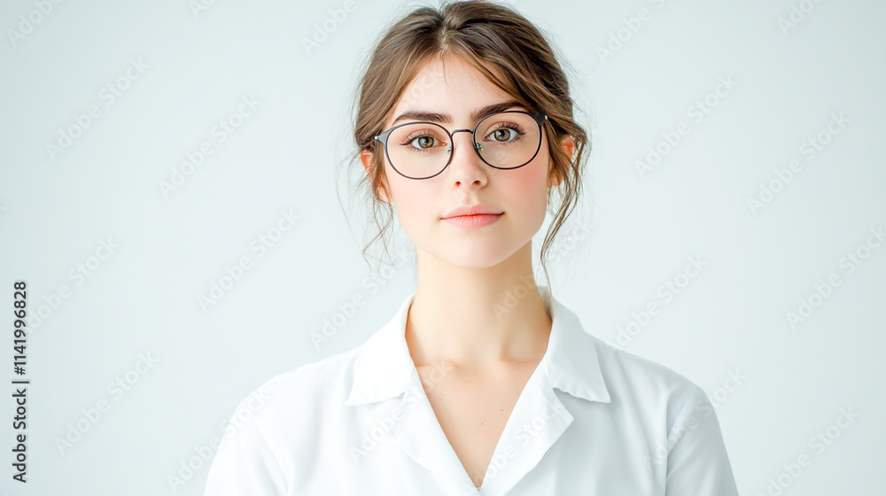 A woman wearing glasses and a white lab coat, standing against a clean white background A woman wearing glasses and a white lab coat, standing against a clean white background