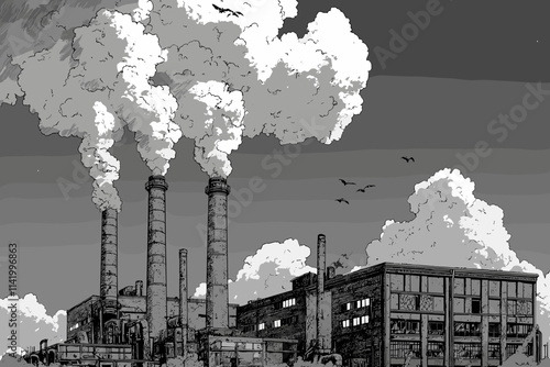 Industrial Factory with Smokestacks Emitting Pollution - An Urban Environmental Impact Study