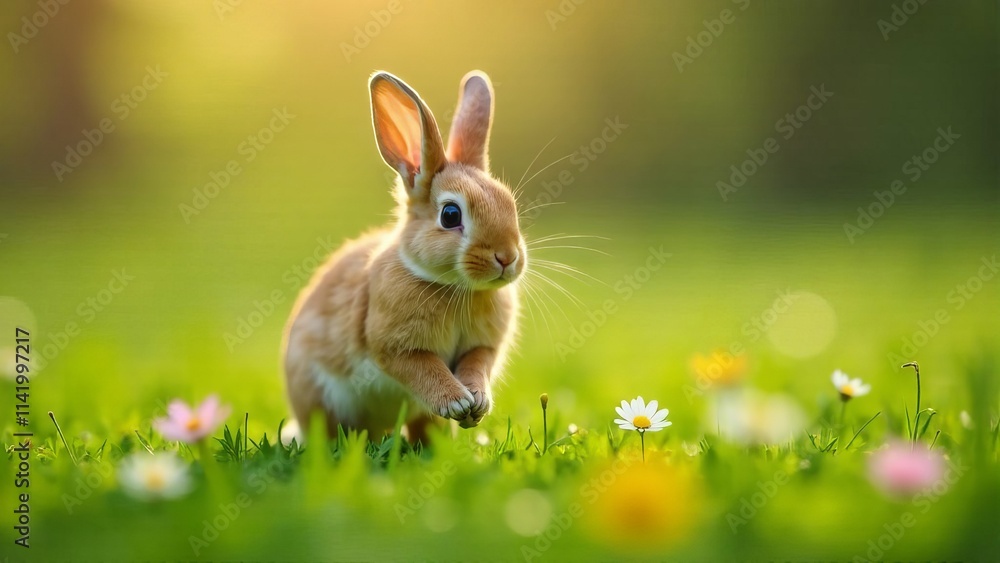 Fototapeta premium Adorable brown rabbit leaping in a sunlit meadow surrounded by colorful flowers