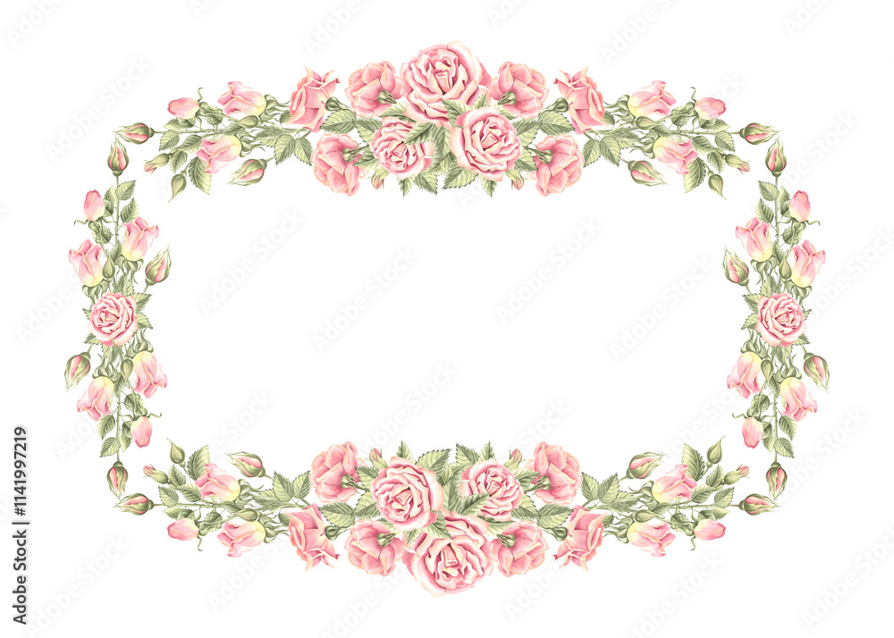 Pink roses with green leaves. Spring flowers horizontal frame, border. Template with copy space Hand drawn watercolor illustration isolated. Background for invitation, wedding, Valentines Day, textile Pink roses with green leaves. Spring flowers horizontal frame, border. Template with copy space Hand drawn watercolor illustration isolated. Background for invitation, wedding, Valentines Day, textile