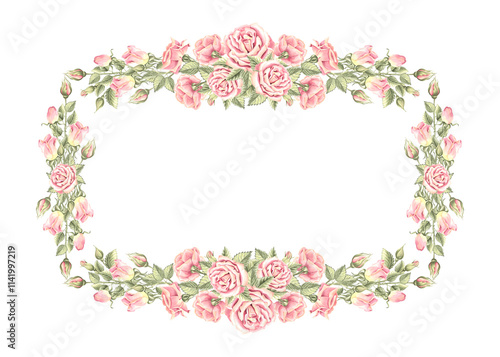 Wallpaper Mural Pink roses with green leaves. Spring flowers horizontal frame, border. Template with copy space Hand drawn watercolor illustration isolated. Background for invitation, wedding, Valentines Day, textile Torontodigital.ca