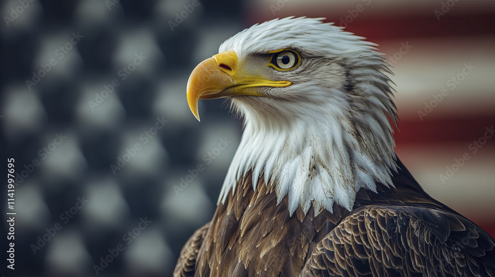 Obraz premium Majestic eagle against American flag, symbolizing freedom and pride