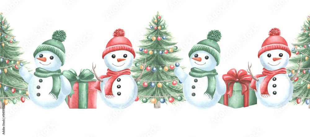 Snowmen with gift boxes and Christmas tree. Seamless border. Hand drawn watercolor illustration isolated. Winter holiday design. Cute kids character. Clipart for wrapping, postcard, wallpaper, textile Snowmen with gift boxes and Christmas tree. Seamless border. Hand drawn watercolor illustration isolated. Winter holiday design. Cute kids character. Clipart for wrapping, postcard, wallpaper, textile