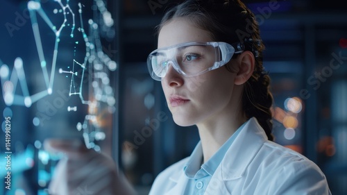 A focused scientist interacts with a digital interface, analyzing data and visualizations in a modern lab setting, wearing protective eyewear. photo