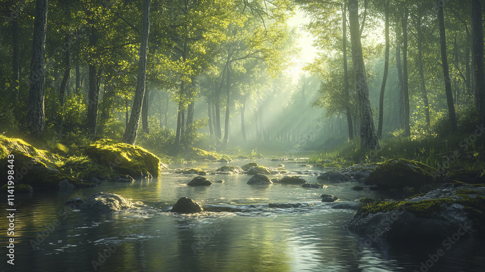 dense forest glowing with soft sunlight and calm river flowing gently dense forest glowing with soft sunlight and calm river flowing gently