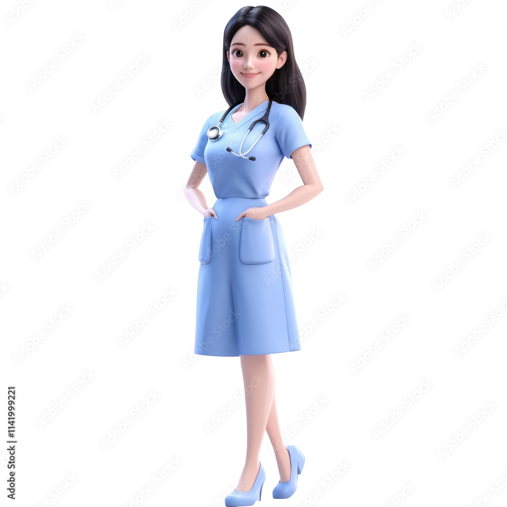 Stylized Animated Nurse Character Wearing Scrubs and Stethoscope in Vibrant Colors Stylized Animated Nurse Character Wearing Scrubs and Stethoscope in Vibrant Colors