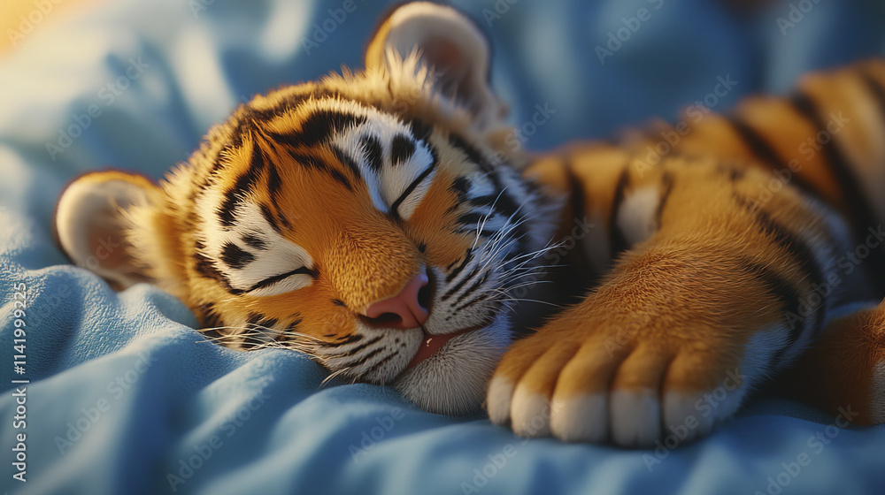Sleeping baby tiger on soft blue blanket, exuding tranquility and warmth Sleeping baby tiger on soft blue blanket, exuding tranquility and warmth