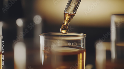 Close up of chemical dropper dispensing liquid into beaker photo