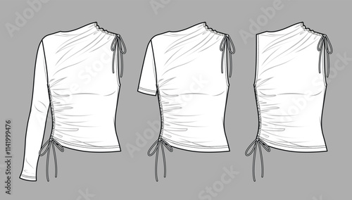 Vector asymmetric top with drawstring details fashion CAD, woman  one sleeve blouse technical drawing, template, sketch, flat, mock up. Jersey or woven fabric top set with front view, white color