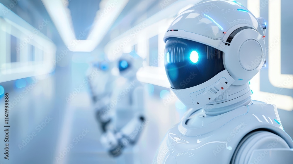 A futuristic scene featuring humanoid robots with glowing blue eyes in a high-tech environment. A futuristic scene featuring humanoid robots with glowing blue eyes in a high-tech environment.