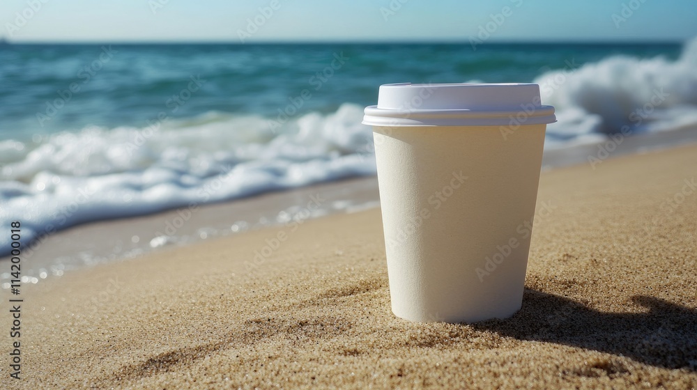 White paper coffee cup with a lid on a sandy beach, ocean waves in the background. White paper coffee cup with a lid on a sandy beach, ocean waves in the background.