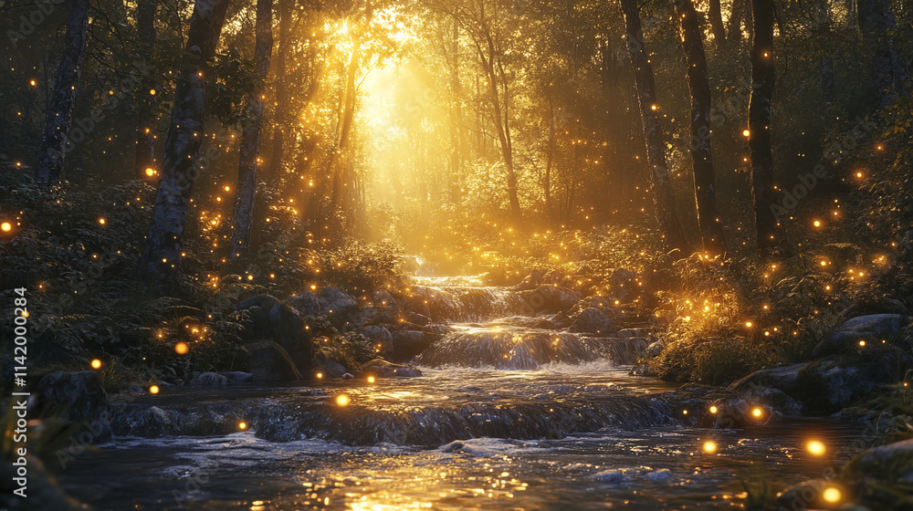 tranquil forest scene at sunset with shimmering light and flowing water tranquil forest scene at sunset with shimmering light and flowing water