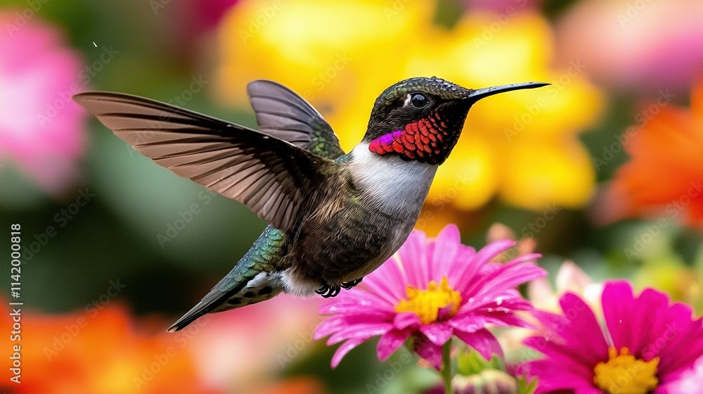 Naklejka premium A hummingbird sat atop a pink blossom, surrounded by yellow, pink, and purple blooms