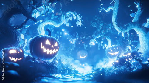 A Halloween-themed frame with carved pumpkins and twisted trees, glowing neon blue pumpkins with sharp smiles, eerie white trees with ink-like black outlines, a soft glowing mist emanating from the pu