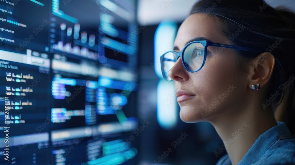 A focused woman with glasses analyzes data on multiple screens, showcasing the intersection of technology and concentration. A focused woman with glasses analyzes data on multiple screens, showcasing the intersection of technology and concentration.