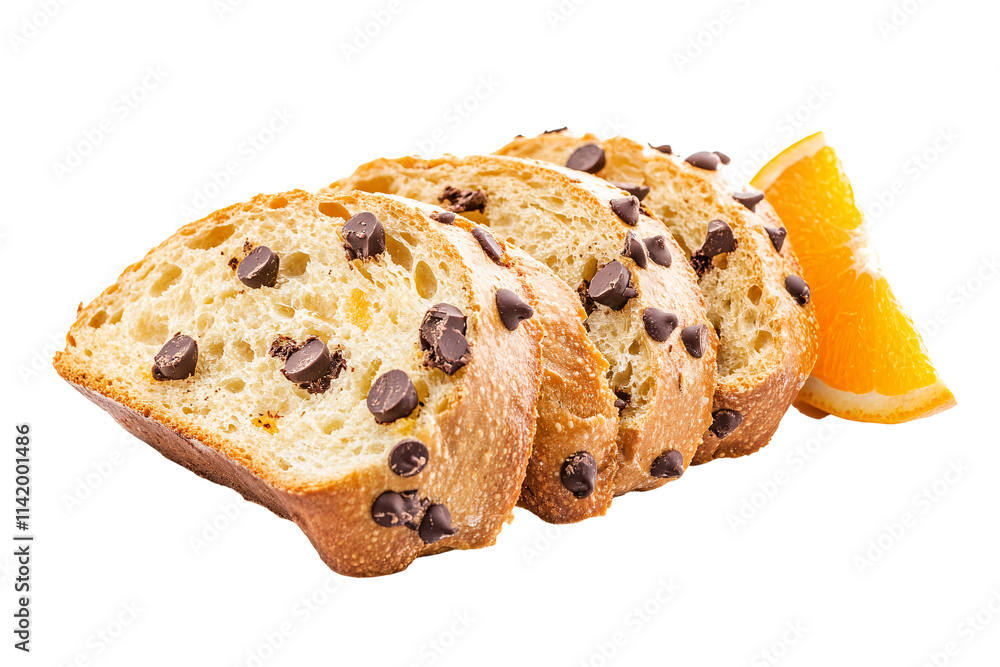 a sliced chocolate chip bread with orange slices a sliced chocolate chip bread with orange slices