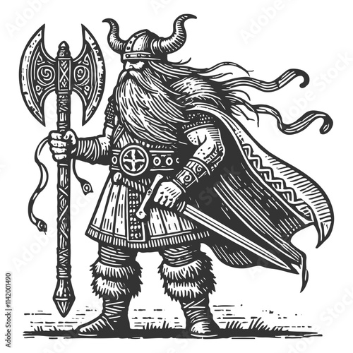 Viking warrior with a horned helmet, flowing beard, battle axe, and a billowing cape, standing in a powerful pose sketch engraving generative ai vector illustration. Scratch board. Black and white.