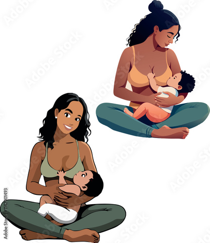 Smiling mothers breastfeeding their babies in lotus position