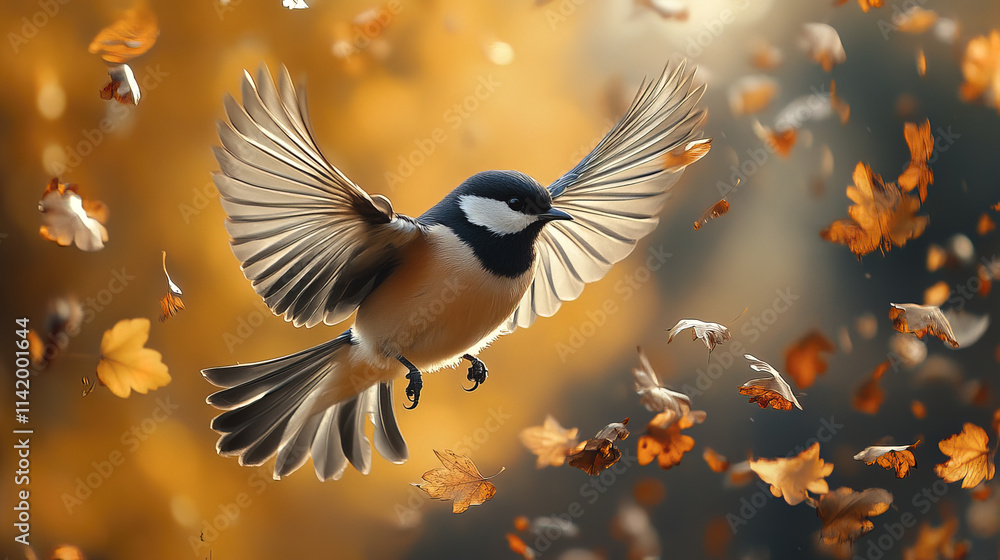 Obraz premium beautiful bird captured in mid flight surrounded by autumn leaves