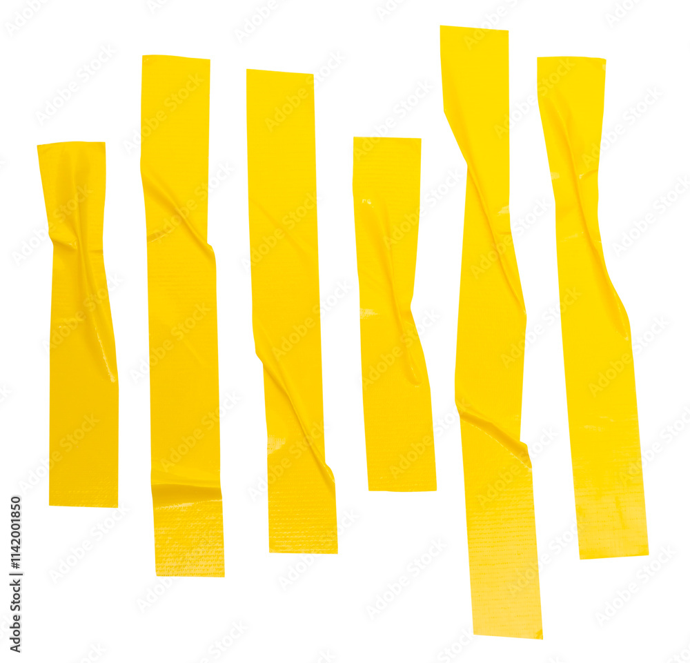 Top view set of wrinkled or crumpled yellow adhesive vinyl tape or cloth tape in stripes shape isolated with clipping path in png file format Top view set of wrinkled or crumpled yellow adhesive vinyl tape or cloth tape in stripes shape isolated with clipping path in png file format