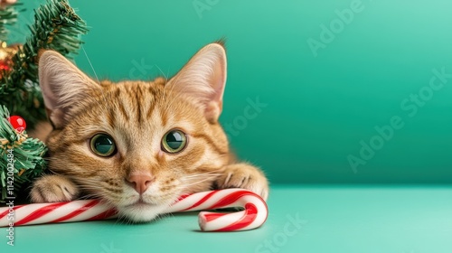 Cute Ginger Cat with Candy Cane Near Christmas Tree Decor photo