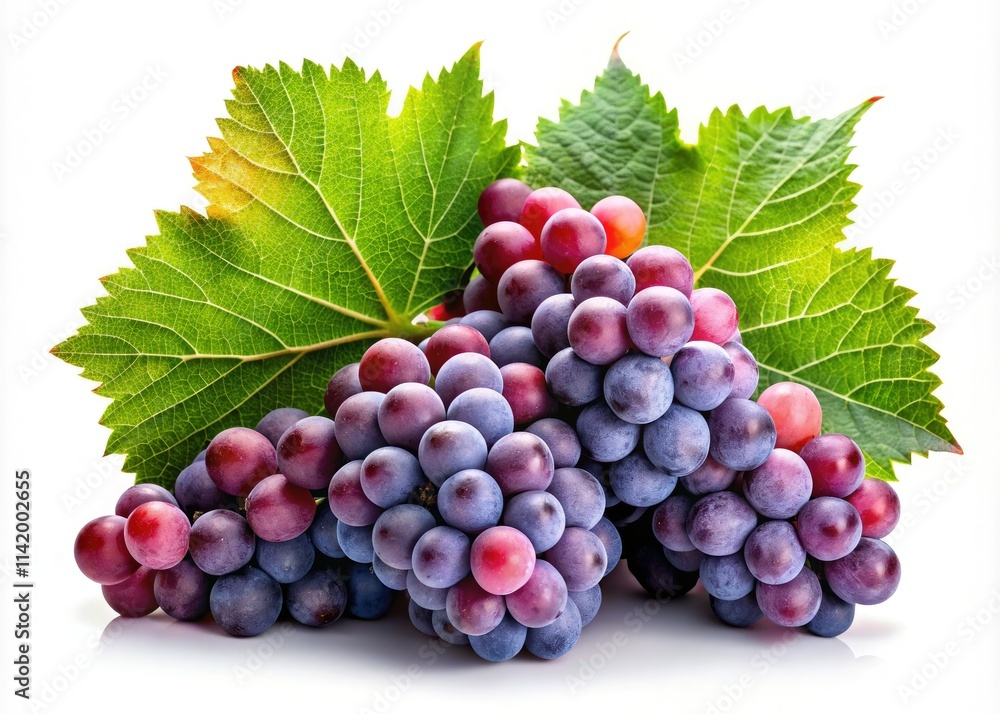 Fototapeta premium Isolated clusters of red wine grapes and vibrant green leaves, ready for harvest.