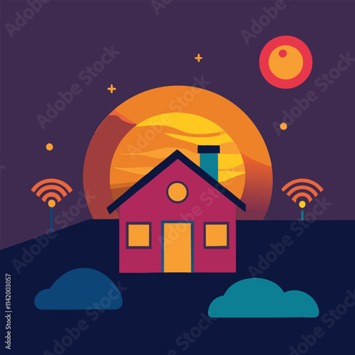 A cartoon vector illustration depicts a cozy cottage on a hill under a starry night sky with a silhouette of a distant town